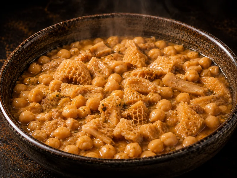 Cazuela de callos con garbanzos, humeante