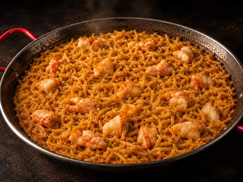 Fideuá con calamar y camarón en paellera