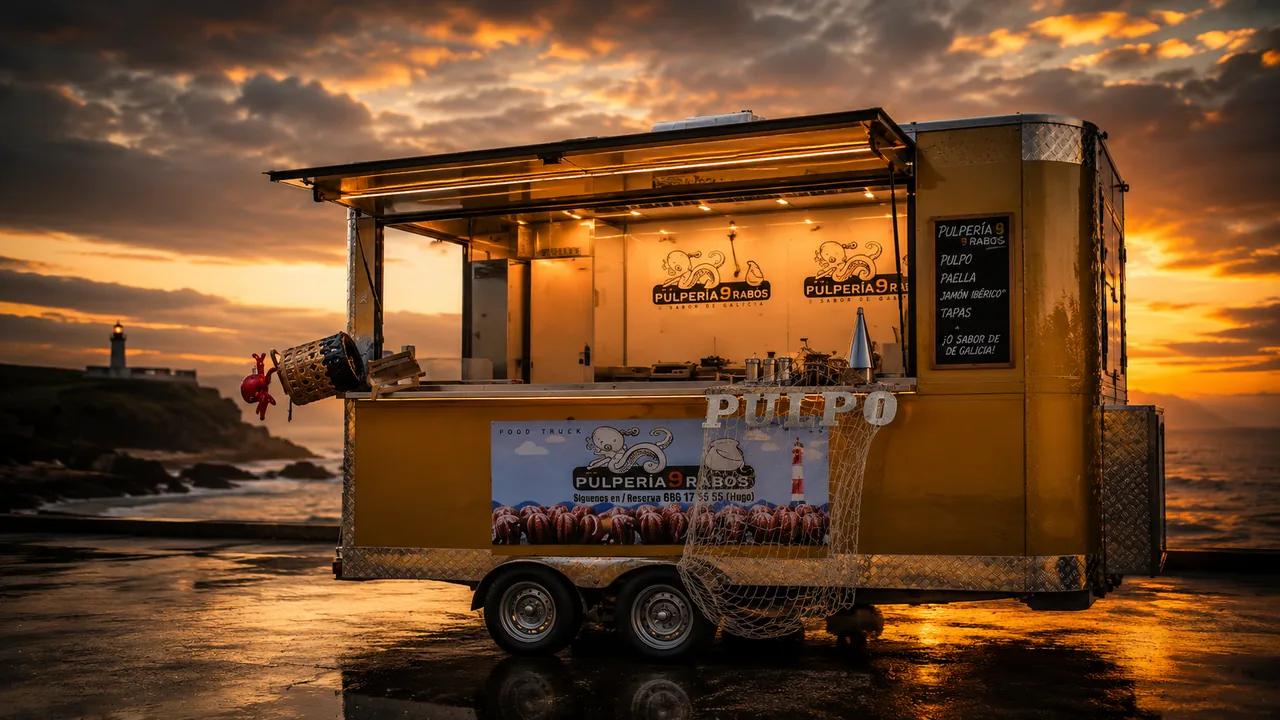 El food truck dorado de Pulpería 9 Rabos abierto al atardecer junto a un faro, con el asfalto mojado y las letras PULPO en el mostrador
