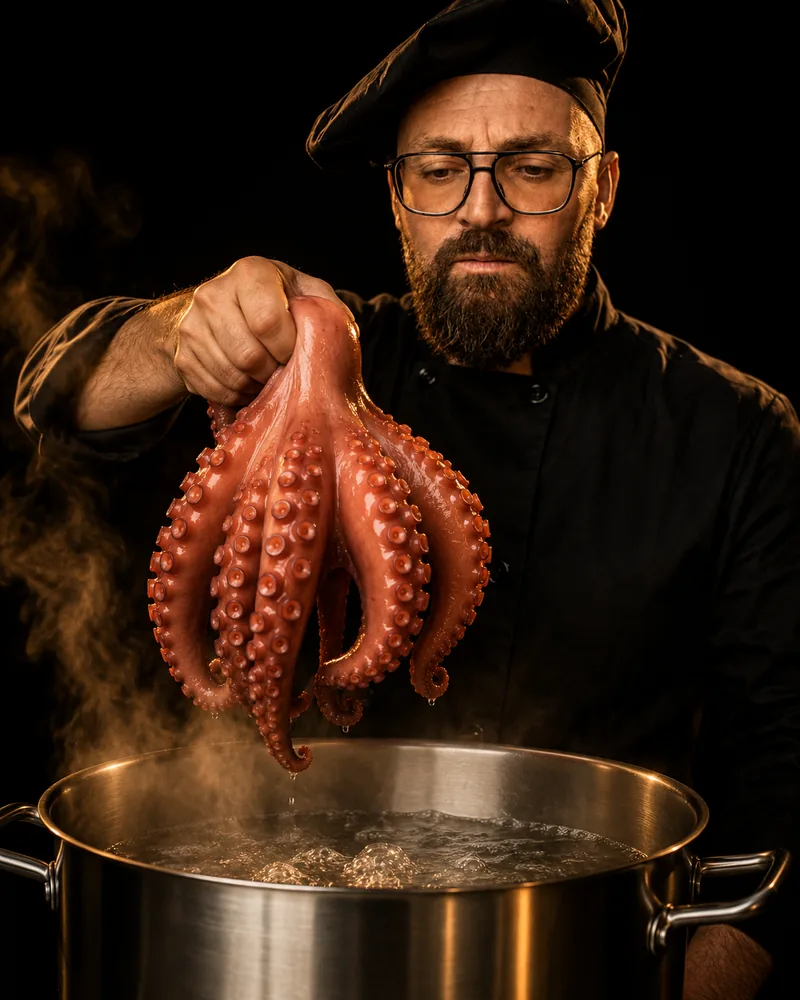 Iñaki metiendo el pulpo en la olla hirviendo, entre el vapor