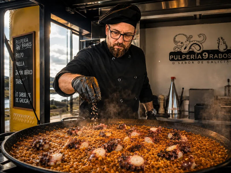 Iñaki cocinando la paella de pulpo en la paellera