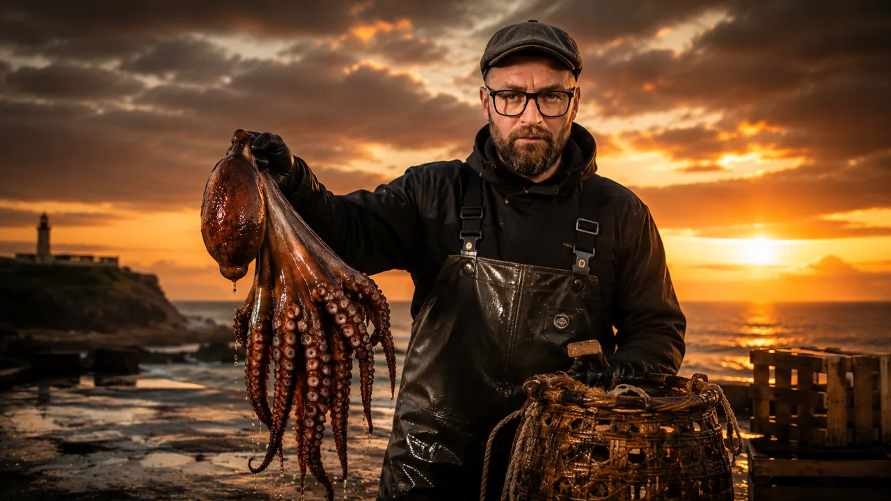 Iñaki con impermeable, sujetando un pulpo junto a una nasa, con el faro y el sol poniente al fondo