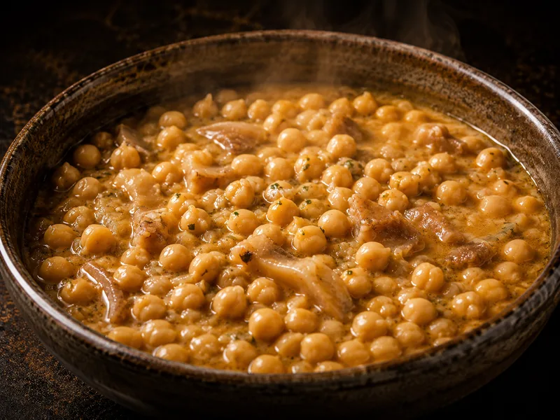 Cazuela de barro con garbanzos y oreja, humeante