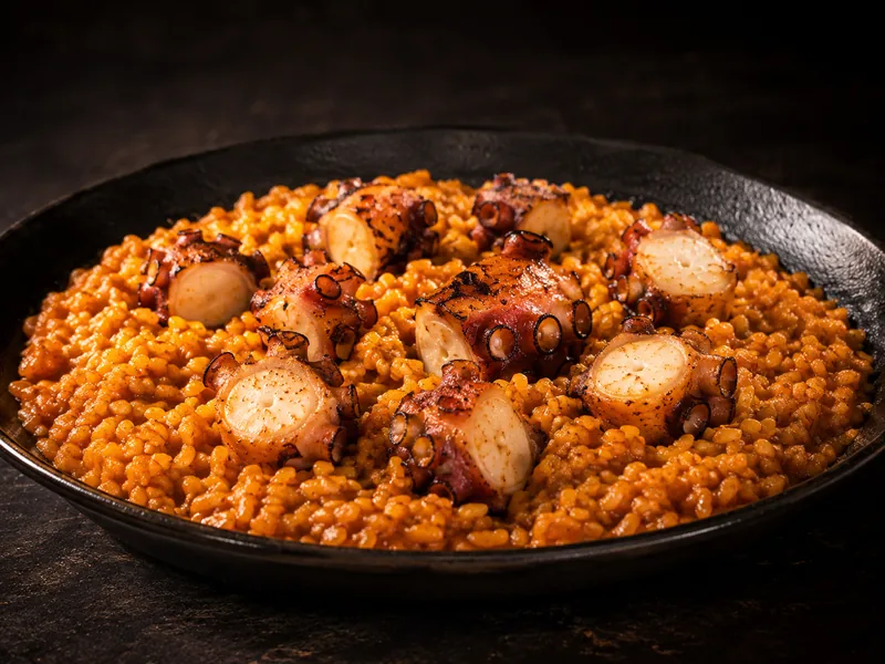 Paella de pulpo con arroz meloso en cazuela negra